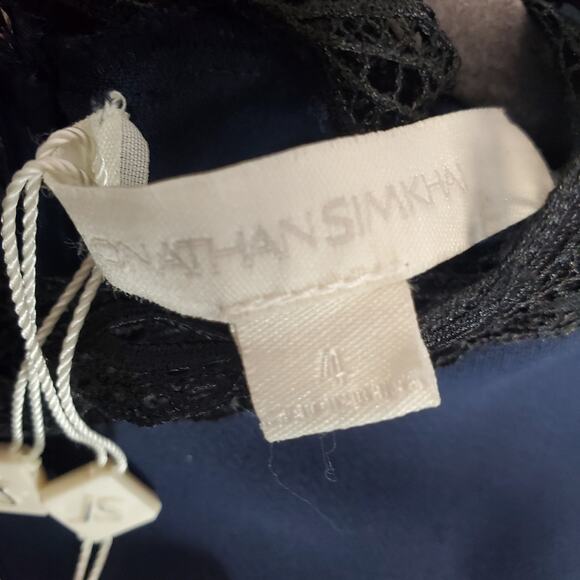 Jonathan Simkhai Blue Dress Black Lace Trim 4 Swing Party Flare Bell Sleeve NWT - Picture 7 of 16